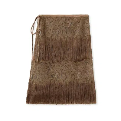 Wjy Studio London Women's Poetic Embroidery Brown Tassel Outer Layer Floral Patchwork Short Skirt