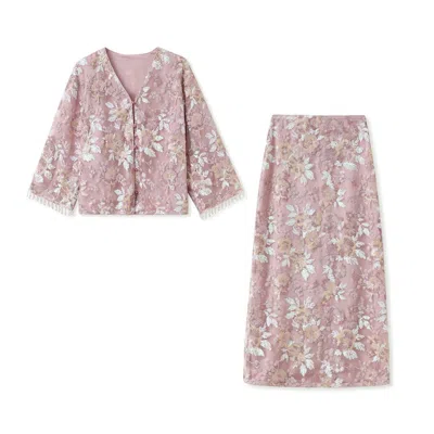 Jiaying Wang Wjy Studio London Pink / Purple Embroidered Blush Pink Flowers Co Ord Set In Pink/purple