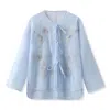 Jiaying Wang Wjy Studio London Women's Embroidered Light Blue Solid Tie Floral Cardigan In Blue