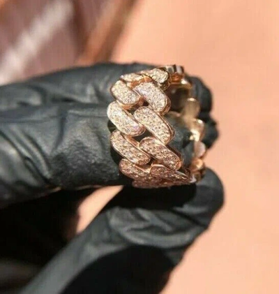 Pre-owned Wlg 2ct Simulated Diamond Men's Miami Cuban Link Ring 14k Rose Gold Plated Silver In White