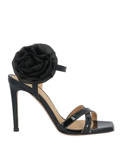 Wo Milano Woman Sandals Black Size 6 Leather, Textile Fibers