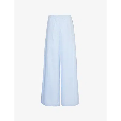 Woera Womens Light Blue Split-hem Wide-leg Mid-rise Cotton Trousers