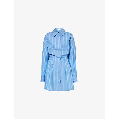 Woera Womens Stripe Blue Stripe-pattern Clinched-waist Cotton Mini Dress