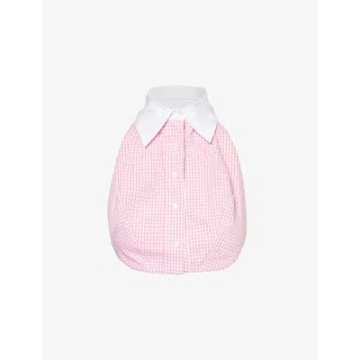 Woera Womens Pink Gingham Tuxedo Halter-neck Gingham-check Cotton Top