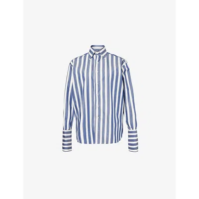 Woera Womens Blue Stripe Stripe-pattern Curved-hem Cotton Shirt