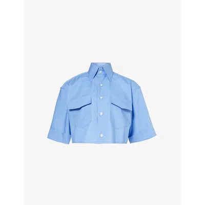 Woera Womens Sky Blue Safari Patch-pocket Cropped Cotton Shirt