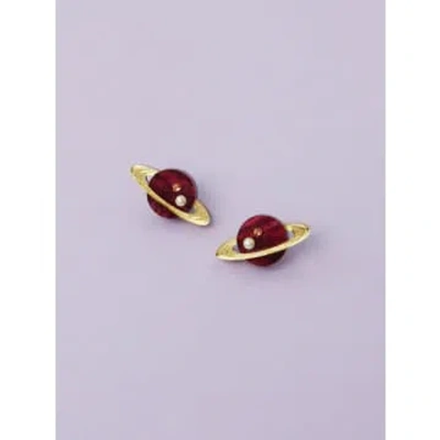Wolf & Moon Saturn Stud Earrings In Cherry In Gold