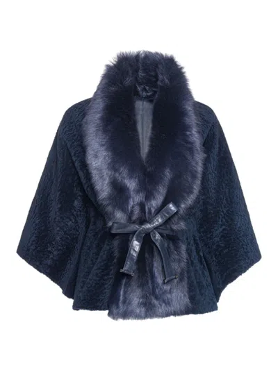 Wolfie Furs Women's Belted Shearling Robe In Navy