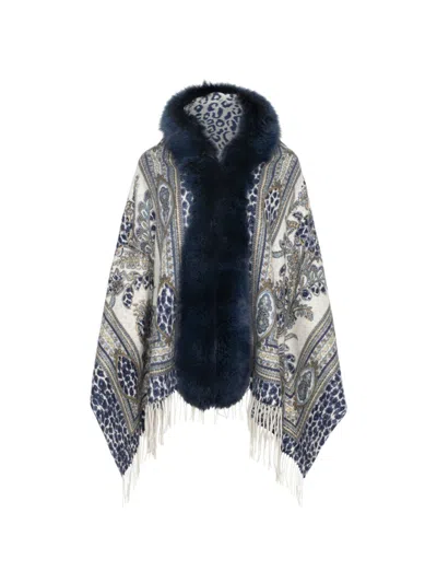 Wolfie Furs Women's Made For Generations Floral Wool Blend Shearling Trim Ruana In Blue