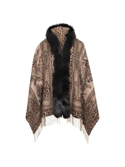 Wolfie Furs Women's Made For Generations Floral Wool Blend Shearling Trim Ruana In Brown