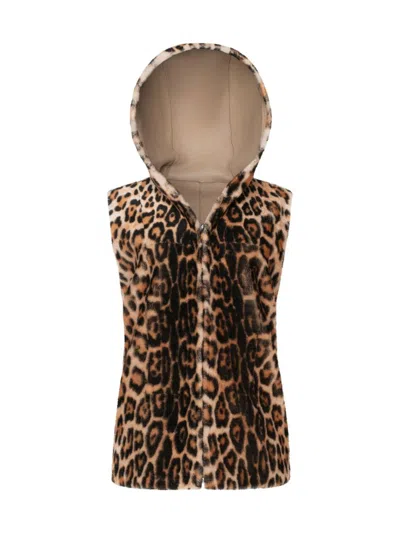 Wolfie Furs Women's Made For Generations Leopard Print Shearing Hooded Reversible Vest In Animal Print