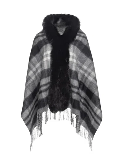 Wolfie Furs Women's Made For Generations Plaid Shearling Trim Ruana In Black Grey