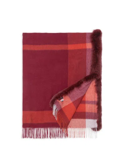 Wolfie Furs Women's Made For Generations Plaid Shearling Trim Ruana In Citrus Red