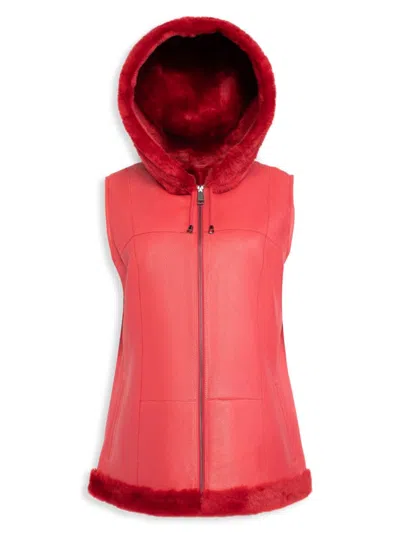Wolfie Furs Women's Made For Generations Shearling Hooded Vest In Scarlet