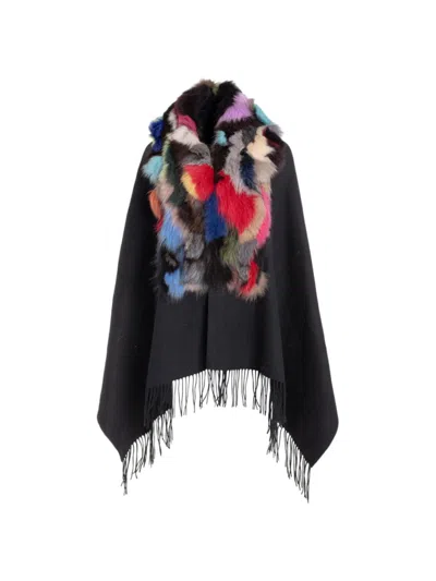 Wolfie Furs Women's Shearling Trim Cashmere & Wool Wrap In Black Multi