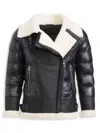 Wolfie Furs Women's Shearling Trim Leather Down Puffer Jacket In Black