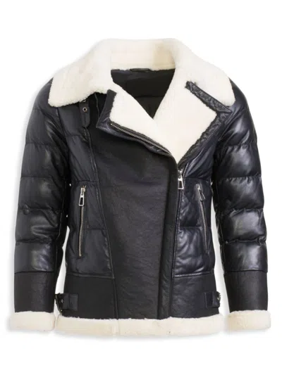 Wolfie Furs Women's Shearling Trim Leather Down Puffer Jacket In Black