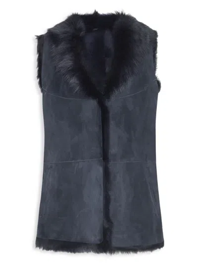 Wolfie Furs Women's Toscana Suede Shearling Vest In Denim Blue