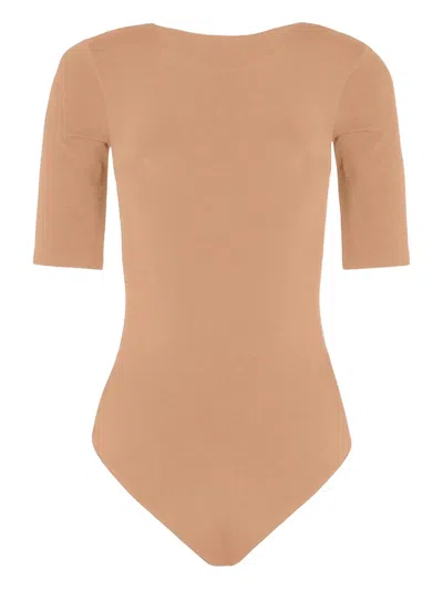 Wolford Bahamas Seamless Stretch Round Neck Bodysuit In Brown