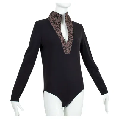 Pre-owned Wolford Black Queen Anne Neck Bodysuit With Jacquard Stand Collar – L, 2000s