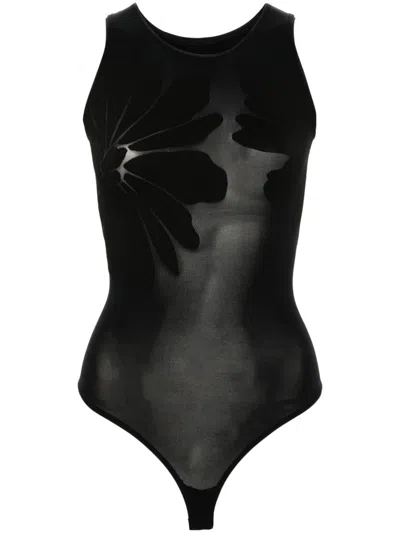 Wolford Body Tattoo Semi-sheer Bodysuit In Black