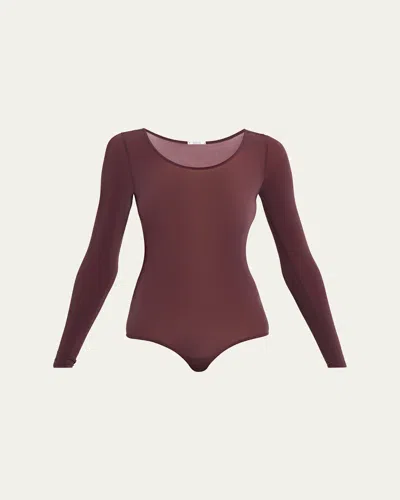 Wolford Buenos Aires Long-sleeve Semi-sheer Bodysuit In Burgundy