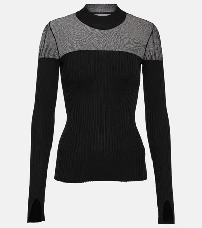 Wolford Contoured Ribs Mesh-trimmed Virgin Wool Top In Black