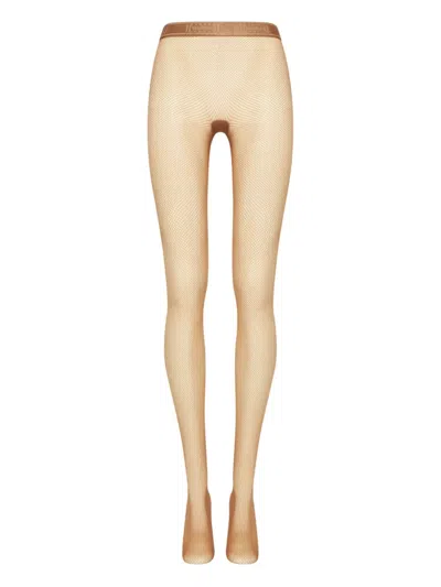 Wolford Fishnet Logo-waistband Tights In Neutral