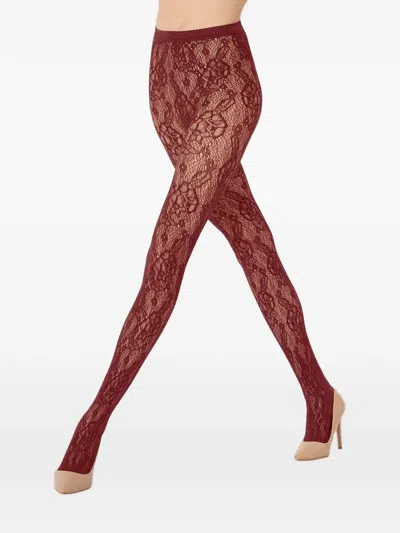 Wolford Floral-detail Net Tights In Burgundy