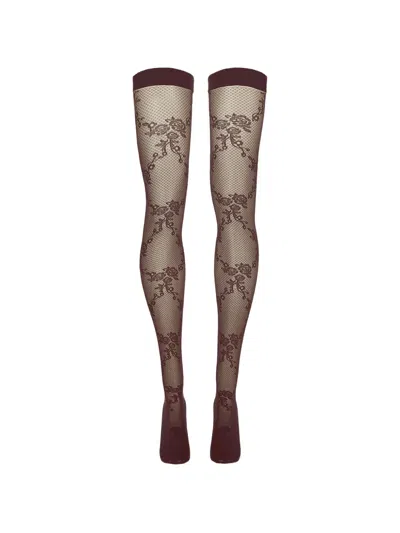 Wolford Floral-lace Stay-ups In Brown