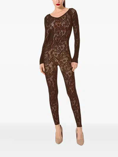Wolford Floral-pattern Net Jumpsuit In Brown