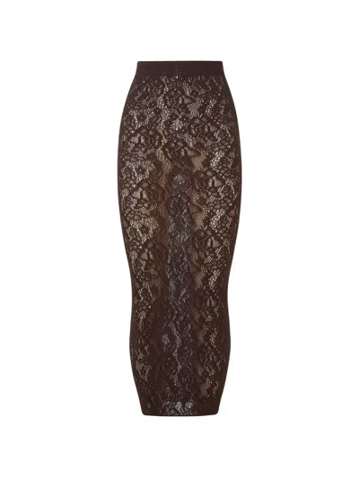 Wolford Infinite Rose Lace-knit Fitted Midi Skirt In Brown