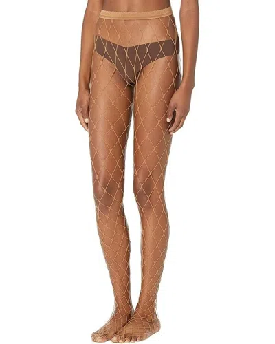 Wolford Kaylee Fishnet Tights Womens Medium Honey Elastic Waist Pantyhose Erk622 In Brown