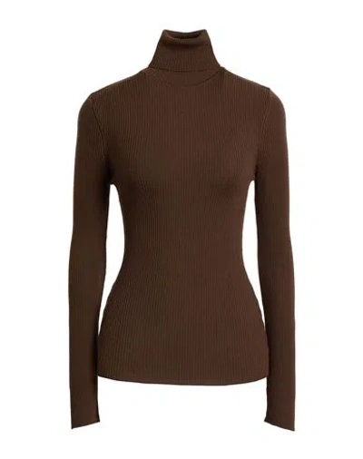 Wolford Merino Fine Rib Top Long Sleev Woman Turtleneck Chocolate Brown Size L Virgin Wool