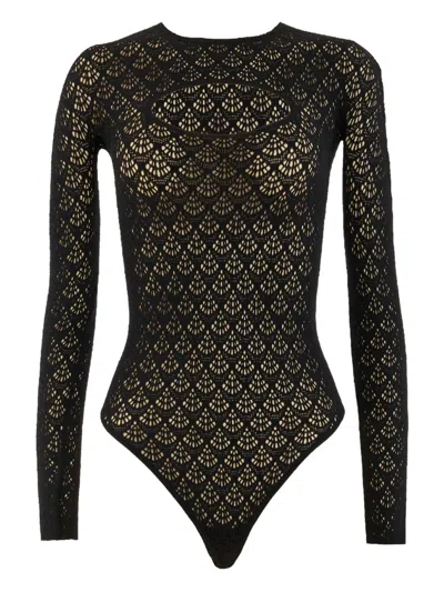 Wolford Net-pattern Long-sleeve Bodysuit In Black