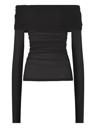 Wolford Off Shoulder Knit Top Ruched Sleeves In Black
