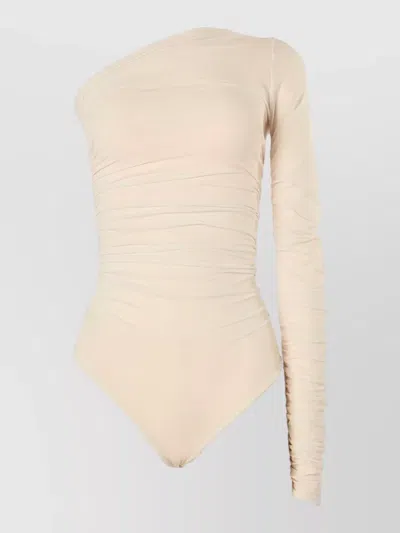 Wolford One Shoulder Ruched Thong Sleeve Bodysuit In Brown