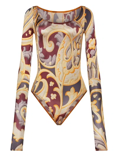 Wolford Paisley-print Long-sleeve Bodysuit In Yellow