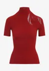 Wolford Fitted Mesh Short Sleeve High Neck Top In Red