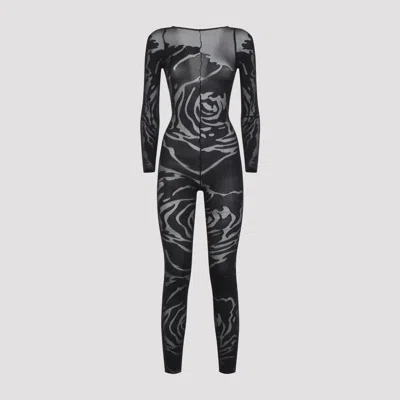 Wolford Rose Shadow Floral Tulle Long Sleeve Catsuit In Black