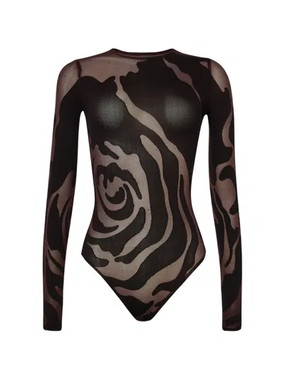 Wolford Rose-pattern Circular-knit Bodysuit In Brown