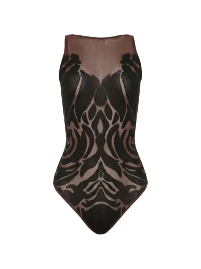 Wolford Rose-pattern Sleeveless Sheer Bodysuit In Brown