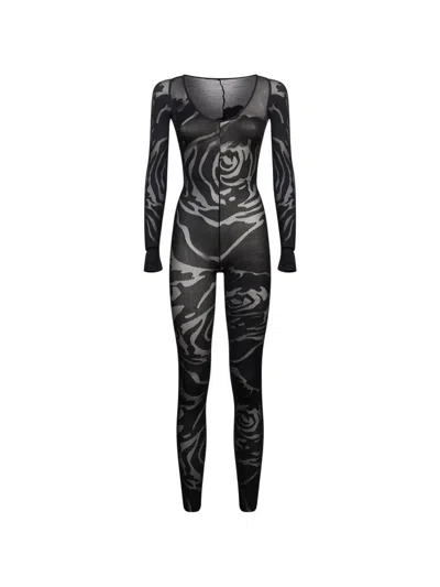 Wolford Rose-patterned Semi-sheer Jumpsuit In Black