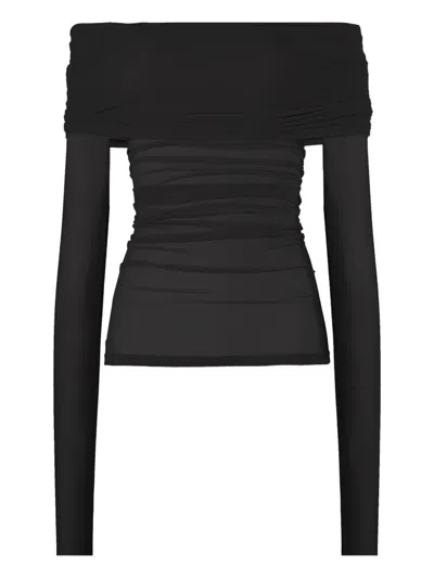 Wolford Off Shoulder Knit Top Ruched Sleeves In Black