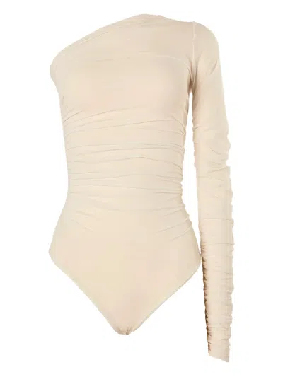 Wolford One Shoulder Ruched Thong Sleeve Bodysuit In Brown
