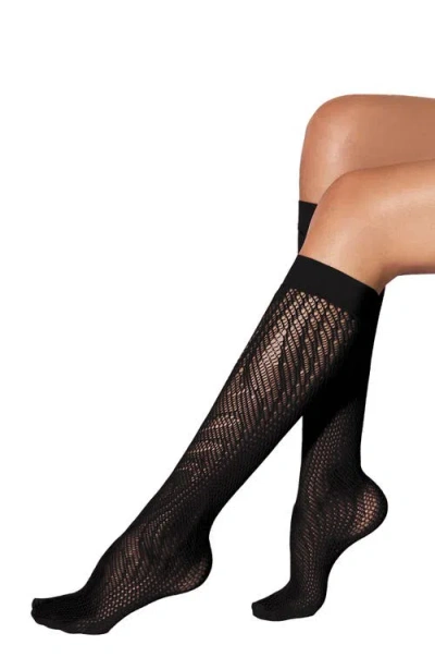 Wolford Snake Print Mesh Knee High Socks In Black