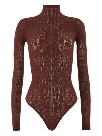 Wolford Snakeskin-motif Mock-neck Bodysuit In Brown