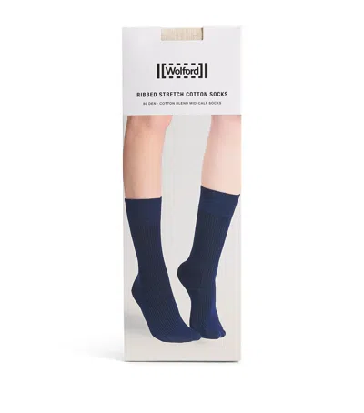 Wolford Stretch-cotton Ribbed Mid-calf Socks In Blue