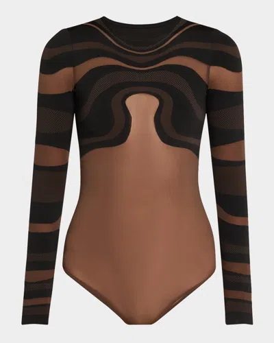 Wolford Venus Matte Geometric Swirl String Bodysuit In Umberblack