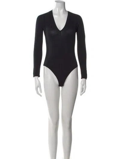 Pre-owned Wolford V-neck Long Sleeve Bodysuit W/ Tags In Black